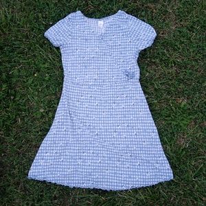 Blue White Checkered Floral Ruffly Flowy V Neck Faux Wrap Short Sleeve Dress